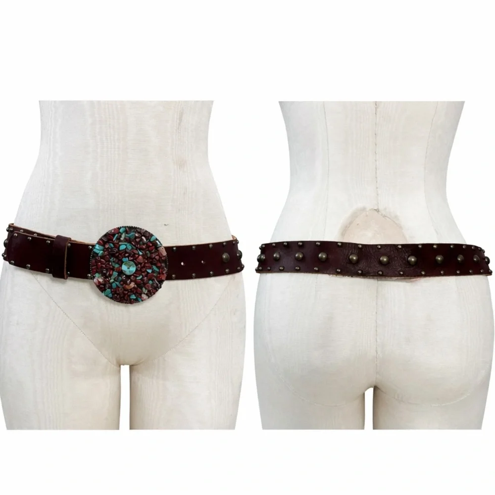 Vintage 90s Bebe Leather Studded Belt M/L Made in USA Southwest Mosaic Buckle